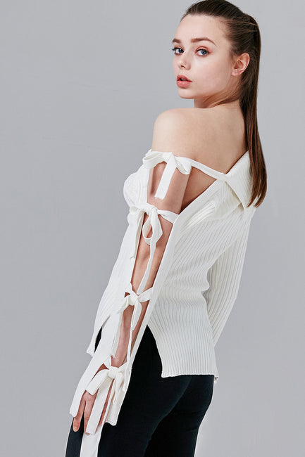 Camilla Ribbed Knit Top with Tie Sleeve | OROSHE